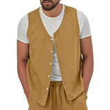 Men's Single Breasted Casual Solid Color Linen V-Neck Vest 69545873X