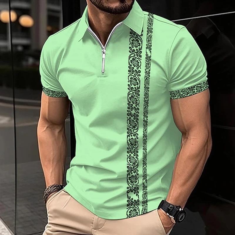 Men's Casual Printed Zipper Short Sleeve Polo Shirt 69618702Y