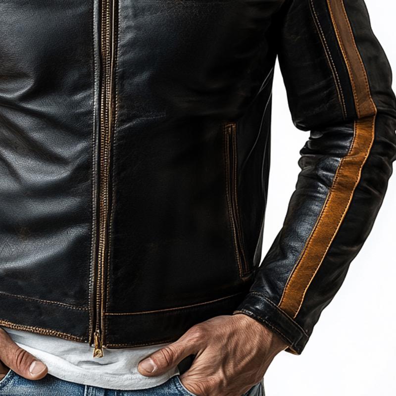 Men's Retro Motorcycle Stand Collar Multi-Pocket Leather Jacket 38727945Y