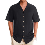 Men's Casual Cotton Linen Lapel Patch Pocket Short-Sleeved Shirt 47533747M