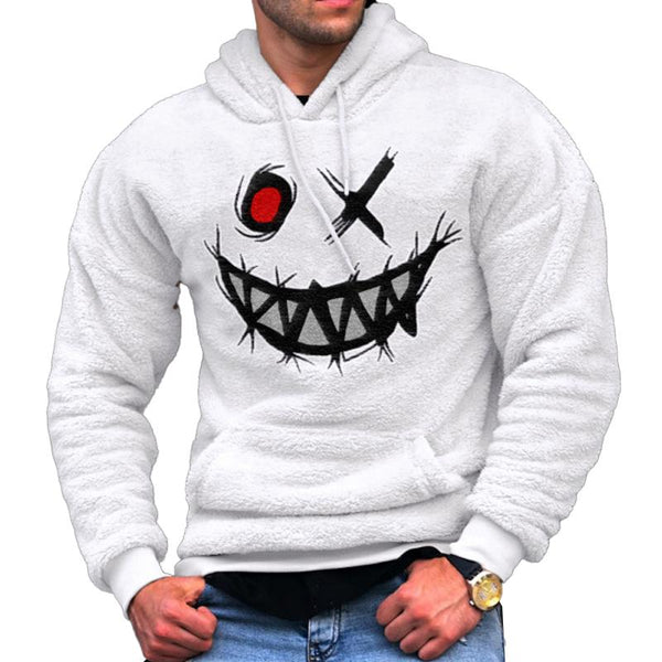 Men's Fall Winter Smiley Embroidered Fleece Sports Hoodie 35509619X