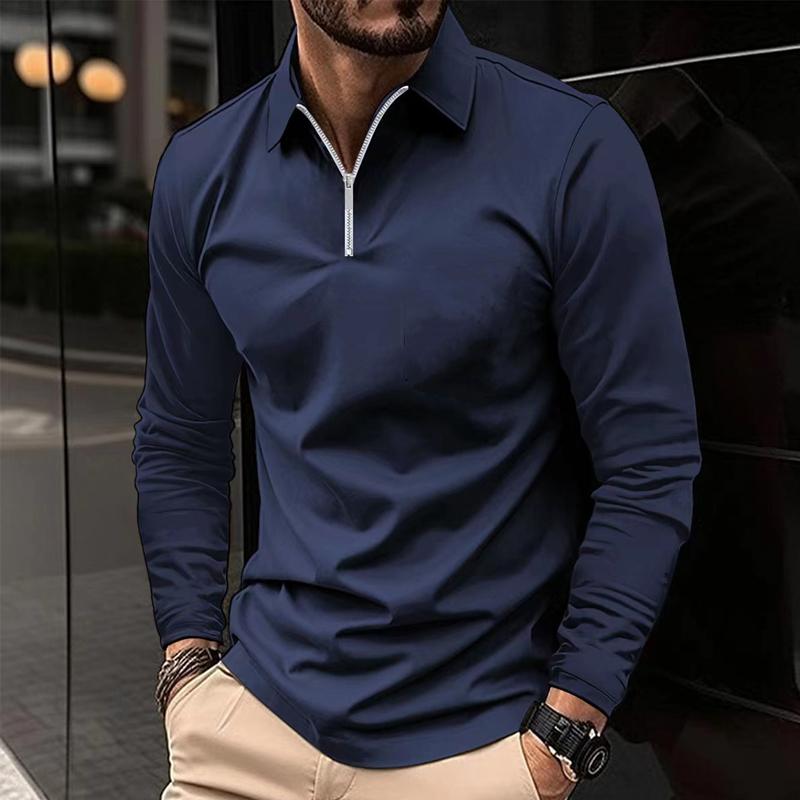 Men's Casual Solid Color Zipper Long Sleeve POLO Shirt  68016263Y