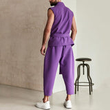 Men's Fashionable Solid Color Strappy Sleeveless Cardigan Pants Set 14746208M