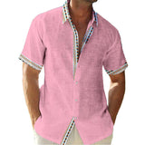 Men's Casual Color Contrast Lapel Cotton Linen Short Sleeve Shirt 78416506M