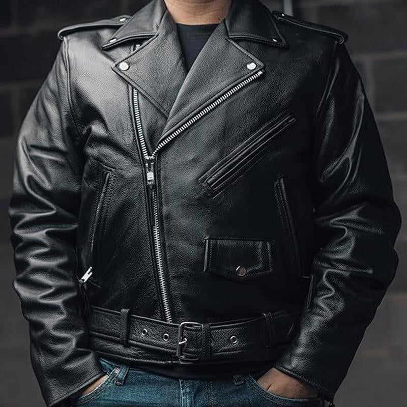 Men's Solid Color Motorcycle Casual Leather Jacket 70049771X