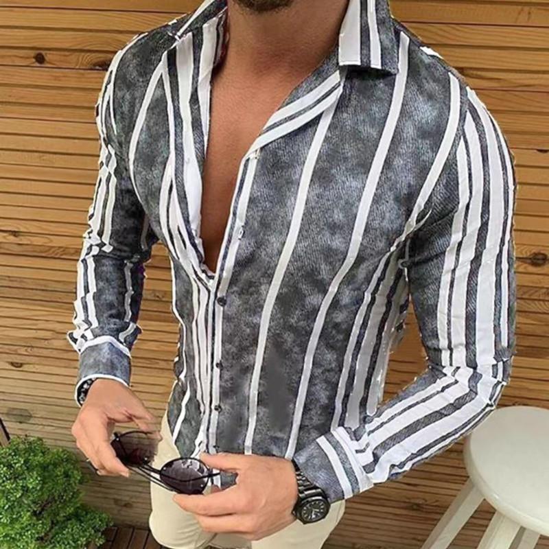 Men's Long Sleeve Lapel Button Striped Shirt 73891942X