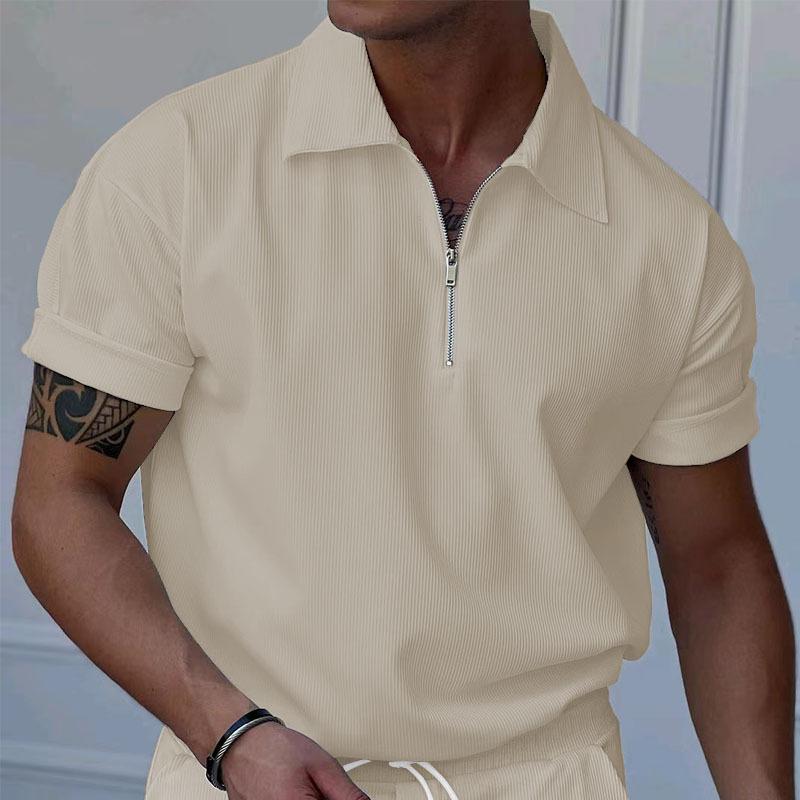Men's Solid Color Zipper Lapel Short Sleeve Polo Shirt 47900104Y