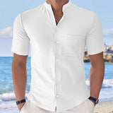 Men's Casual Cotton Linen Patch Pocket Stand Collar Short-Sleeved Slim Shirt 06047395M