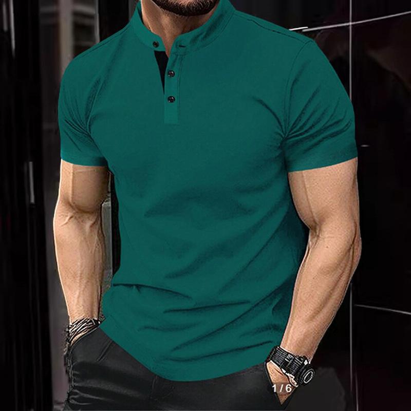 Men's Solid Color Stand Collar Button Down Short Sleeve Polo Shirt 69522093Y