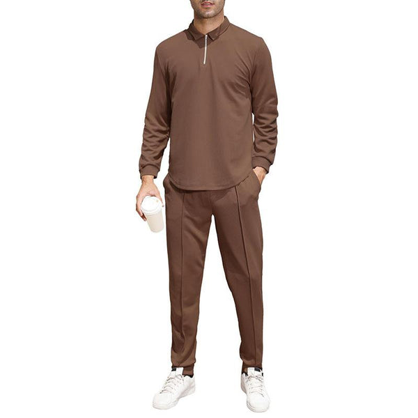 Men's Casual Solid Color Long Sleeve Polo Shirt and Pants Set 08398568Y