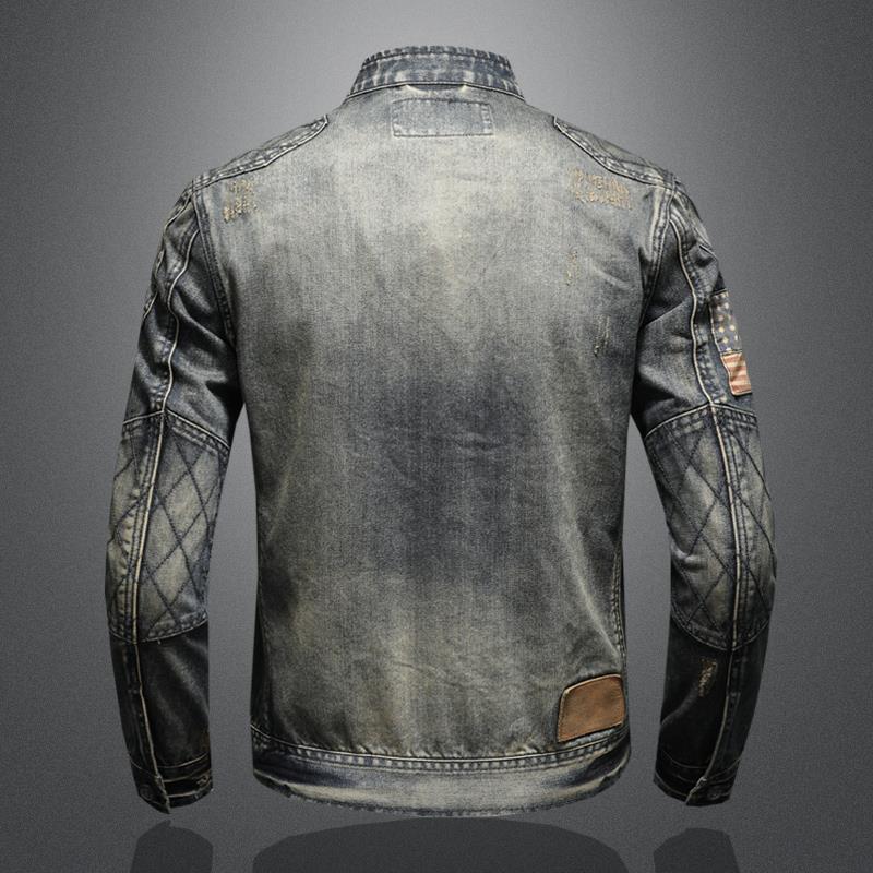 Men's Vintage Stand Collar Zippered Motorcycle Denim Jacket 20754326M