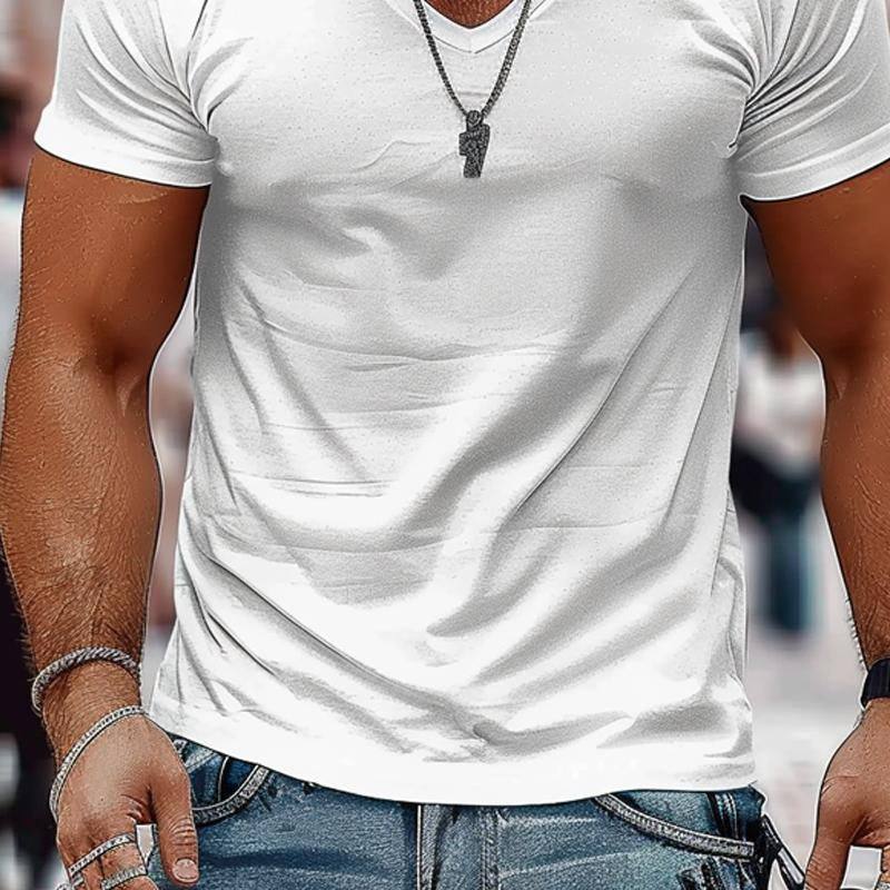 Men's Solid Color Casual V-neck Cotton Short-sleeved T-shirt 98171741X