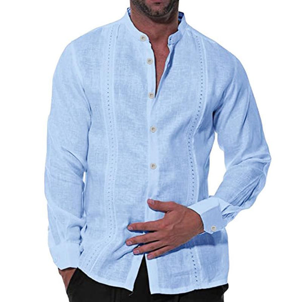 Men's Casual Cotton Linen Stand Collar Long Sleeve Shirt 52882672M