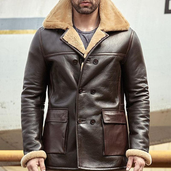 Men's Notched Lapel Shearling Lined Leather Jacket 28758180U