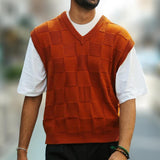 Men's Casual Solid Color Plaid Jacquard V-Neck Sleeveless Knitted Pullover Vest 83772966Y