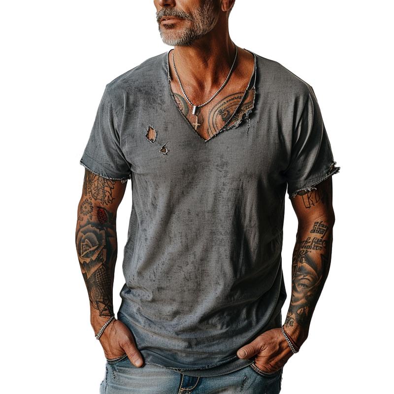 【24-hour shipping】Men's Distressed Ripped Raw Edge V-Neck Short-Sleeved T-Shirt 83736876Y