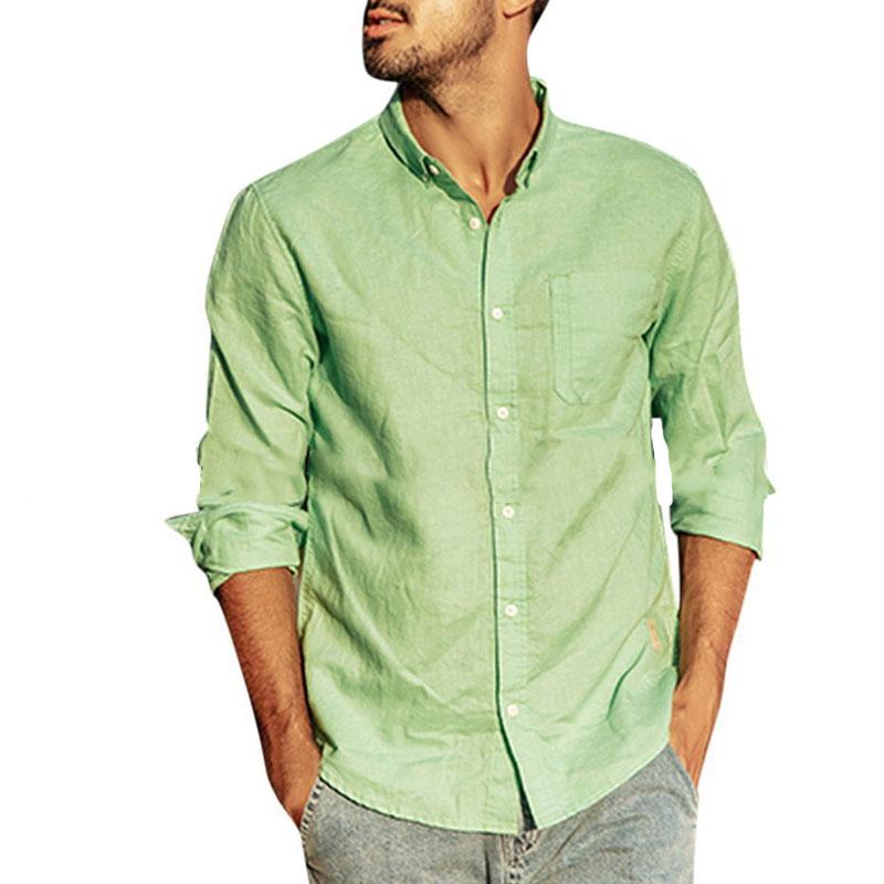 Men's Casual Solid Color Cotton Linen Lapel Long Sleeve Shirt 55329127Y