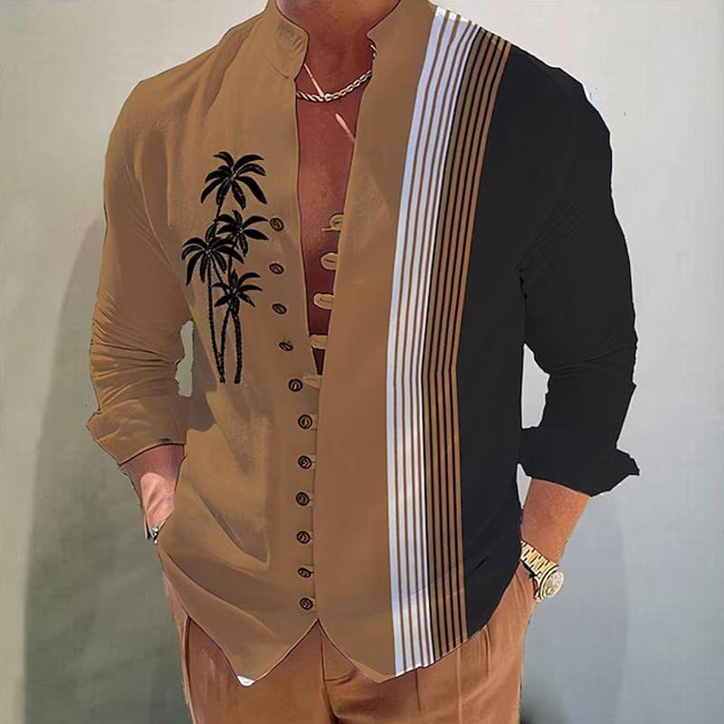 Men's Hawaiian Stand Collar Loose Vacation Beach Long Sleeve Shirt 50615724X