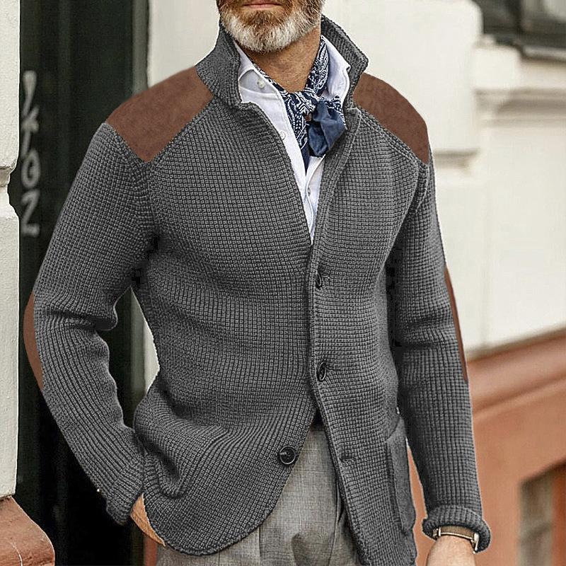 Men's Vintage Stand Collar Patchwork Slim Long Sleeve Knitted Blazer 67697292M