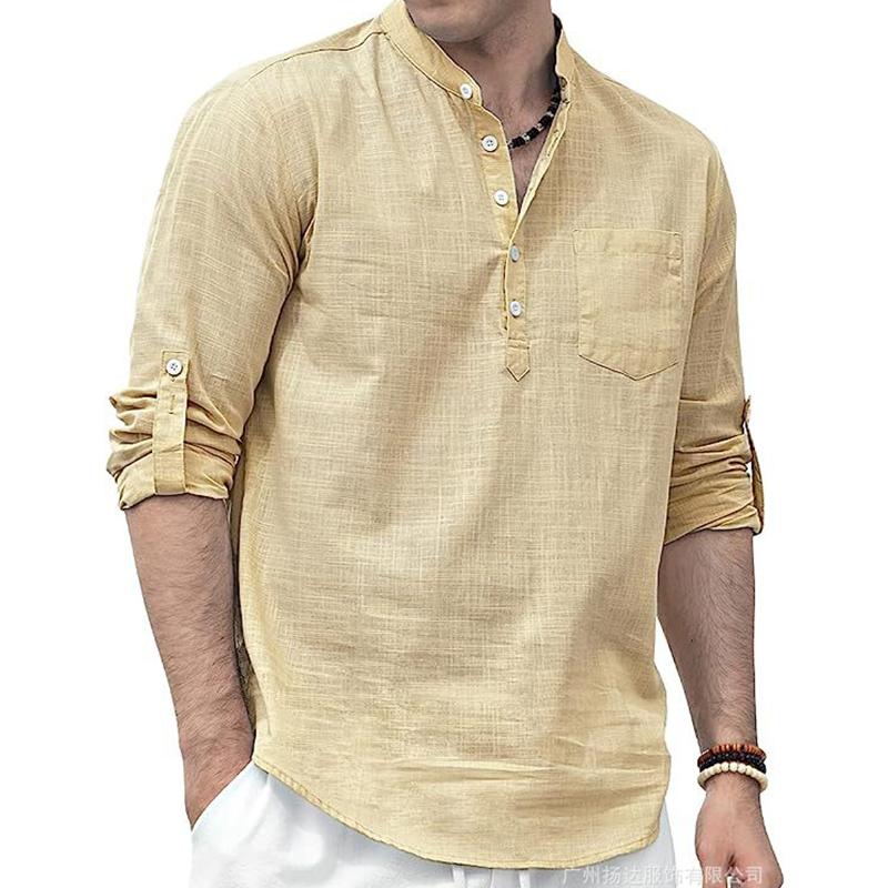 Men's Casual Stand Collar Cotton Linen Patch Pocket Long Sleeve Shirt 75433357M