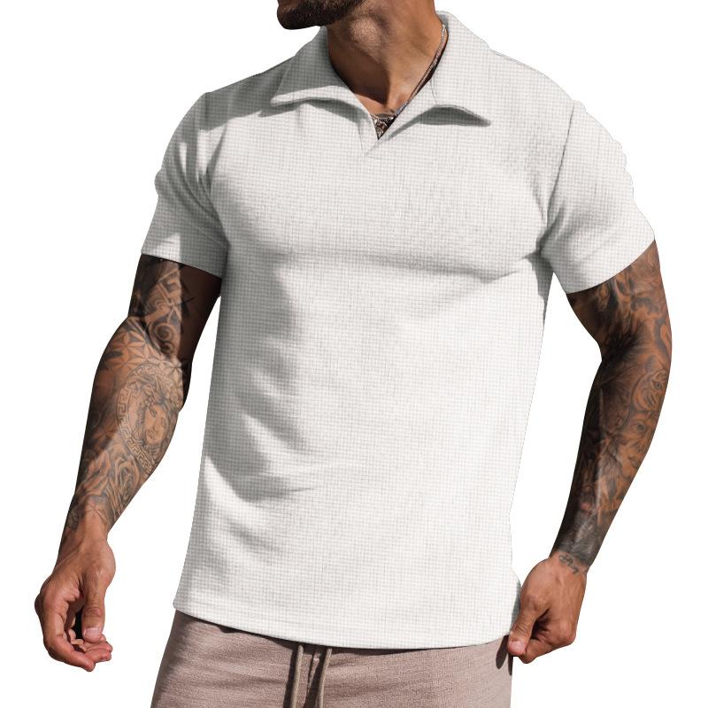 Men's Waffle Loose Short Sleeve Solid Color Casual Lapel Polo Shirt 49265793Z