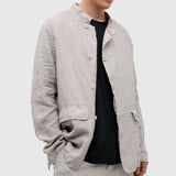 Men's Solid Color Cotton And Linen Stand Collar Single Breasted Casual Jacket 25071101Z