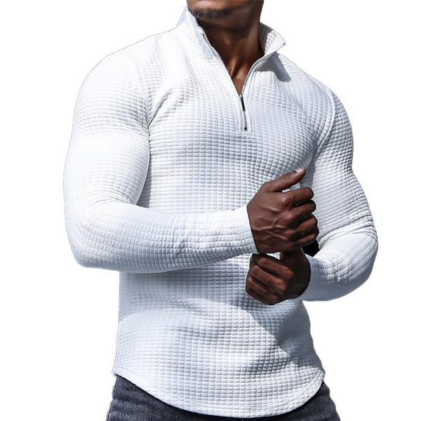 Men's Casual Waffle Solid Zipper Lapel Long Sleeve T-Shirt 26680149Y