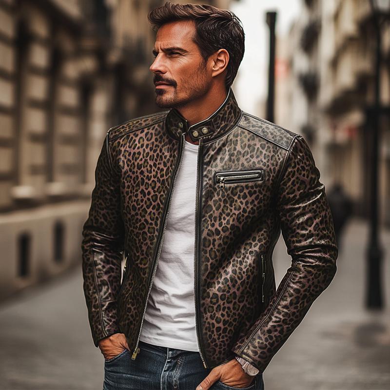 Men's Fashion Leopard Print Stand Collar Zipper Slim Fit Leather Jacket 82955739M