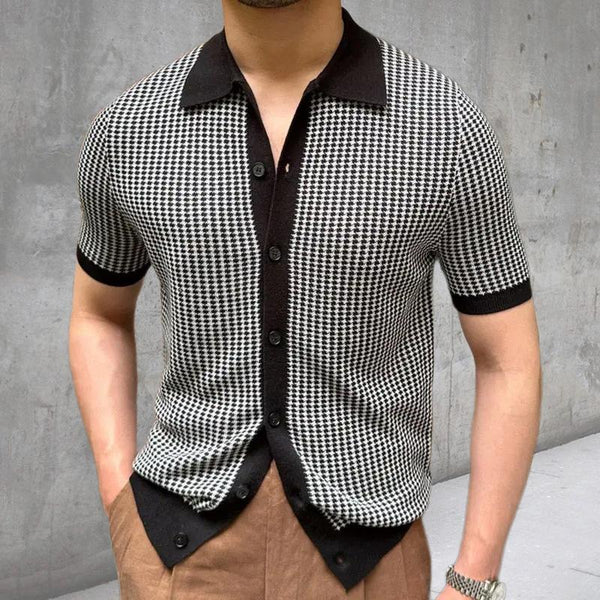 Men's Houndstooth Lapel Short Sleeve Single Breasted Knit Polo Shirt 32398352Z