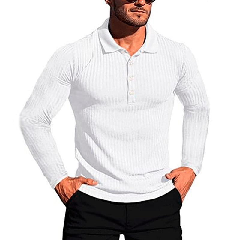 Men's High Elastic Vertical Striped Long-sleeved Slim-fit Knitted POLO Bottoming Shirt 88235560X