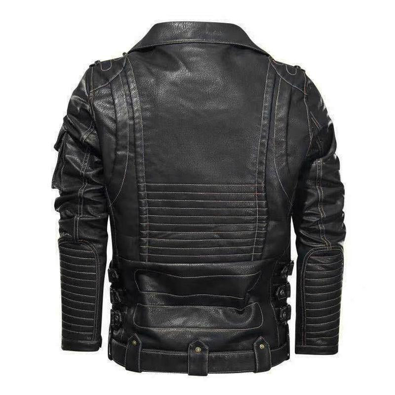 Men's Vintage Punk Lapel Patchwork Multi-pocket Zipper Leather Jacket 27872818M
