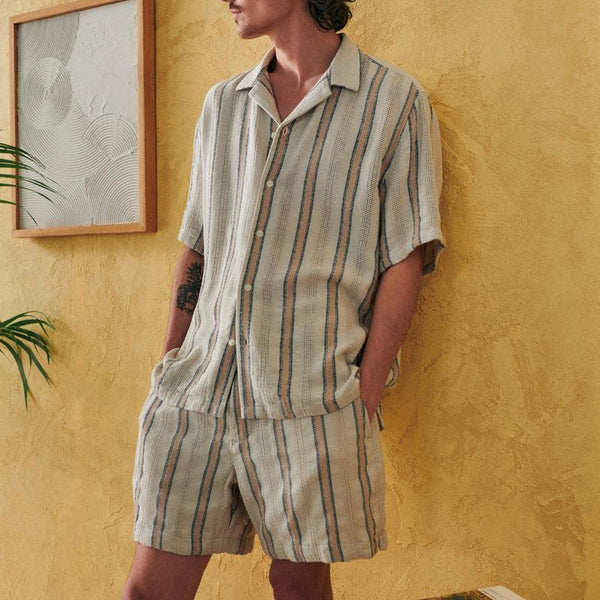 Men's Striped Lapel Shirt Shorts Set 59635804Y
