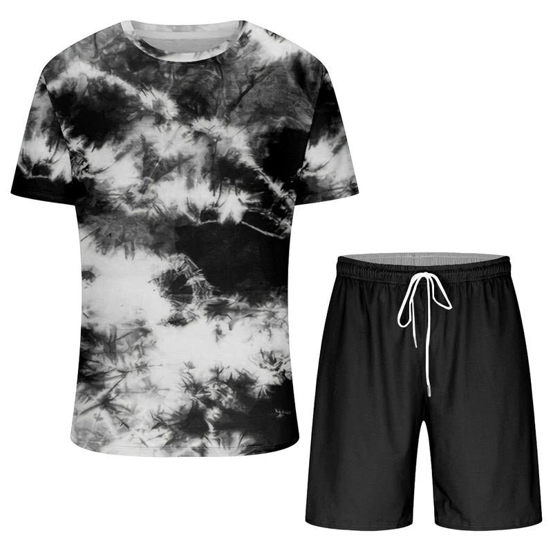 Men's Hawaiian Crew Neck Printed Casual Loose Short Sleeve Beach Shorts Set 26155701X