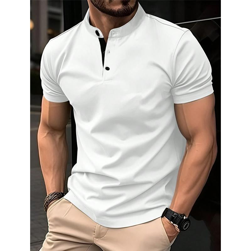 Men's Solid Color Stand Collar Button Down Short Sleeve Polo Shirt 69522093Y