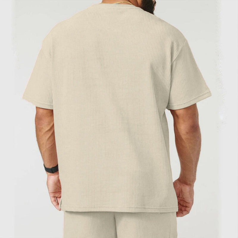 Men's Solid Corduroy Loose Round Neck Short Sleeve T-shirt Shorts Set 96307080Z