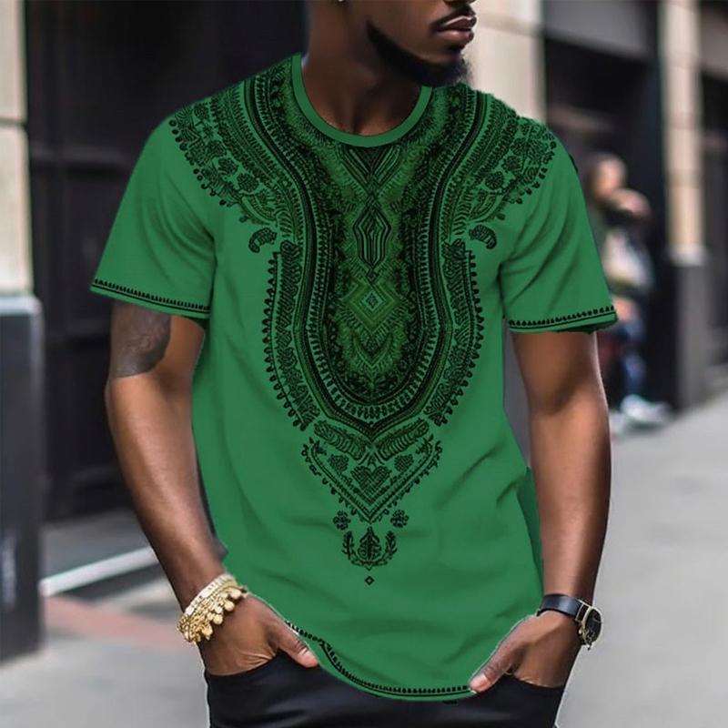 Men's Color Block Print Round Neck Short Sleeve T-Shirt 87631709X