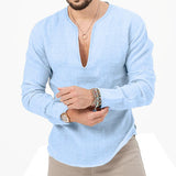 Men's Solid Color Long Sleeve Cotton Linen V-Neck Shirt 67779609X