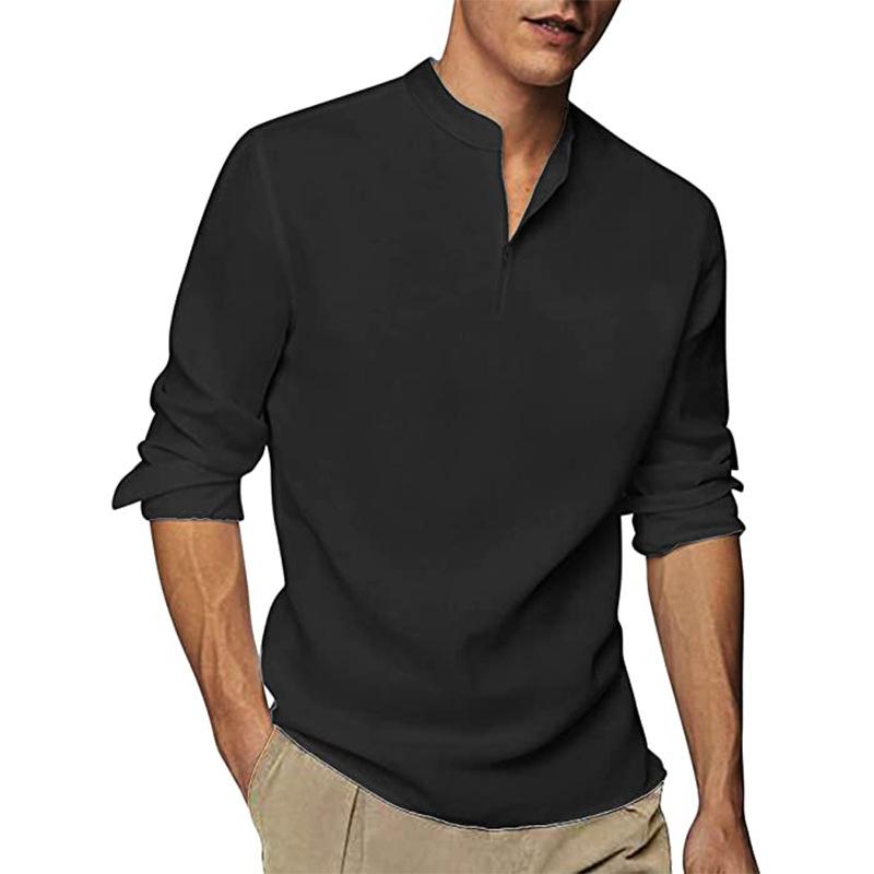 Men's Solid Loose Zipper Stand Collar Long Sleeve Shirt 07532463Z