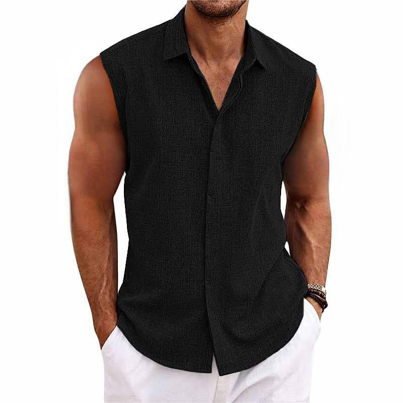 【Expédition 24 heures】Chemise sans manches en coton et lin à revers de couleur unie pour hommes 33989351TO