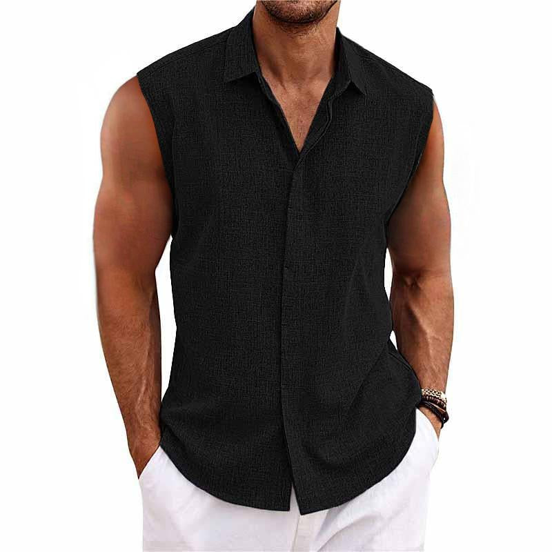 Men's Solid Color Lapel Cotton and Linen Sleeveless Shirt 33989351TO