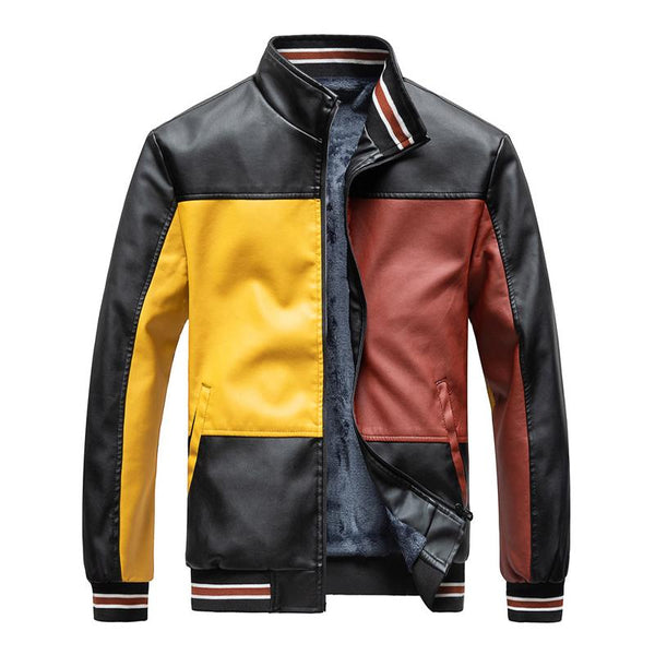 Men's Fashion Color Block Stand Collar Fleece Warm Motorcycle Leather Jacket 74032046M