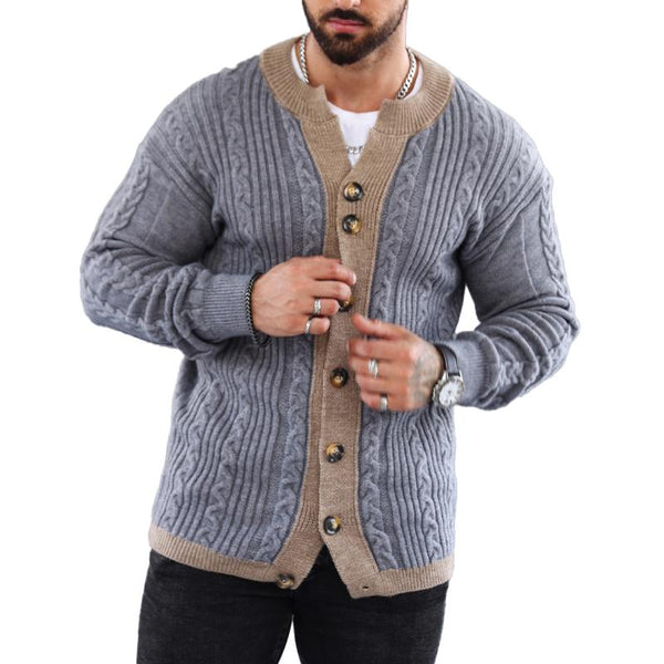 Men's Retro Colorblock Crewneck Knit Cardigan Jacket 70407018X