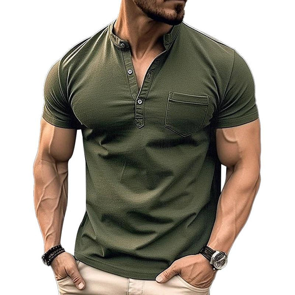 Men's Casual Solid Color Chest Pocket Stand Collar Short Sleeve Henley T-Shirt 14938790Y