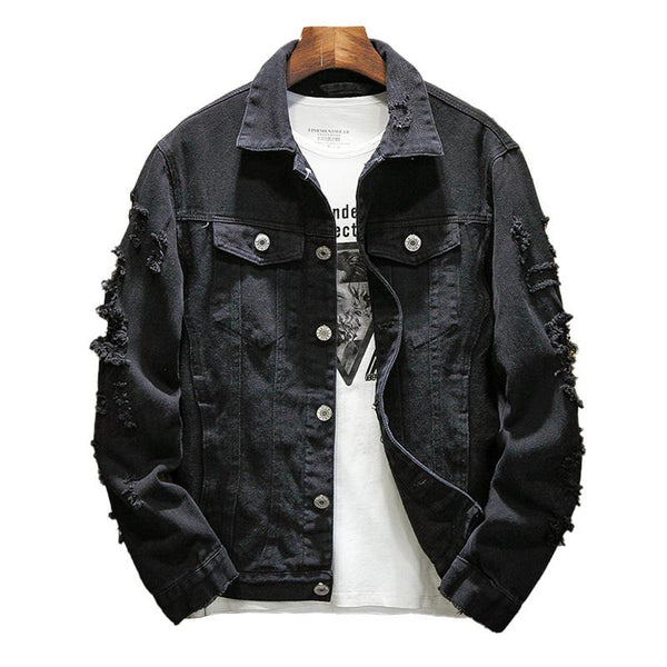 Men's Fashion Solid Color Ripped Loose Lapel Single Breasted Denim Jacket 71777939M