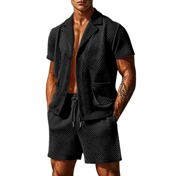 Men's Solid Color Hollow Out Lapel Short Sleeve Tops Shorts Set 16586220Z