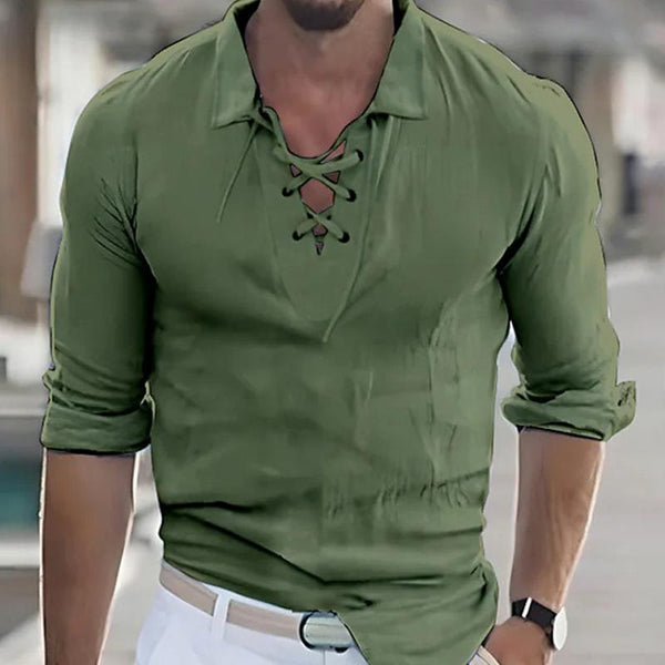 Men's Fashion Drawstring Solid Color Long Sleeve Cotton Linen Shirt 58555770X