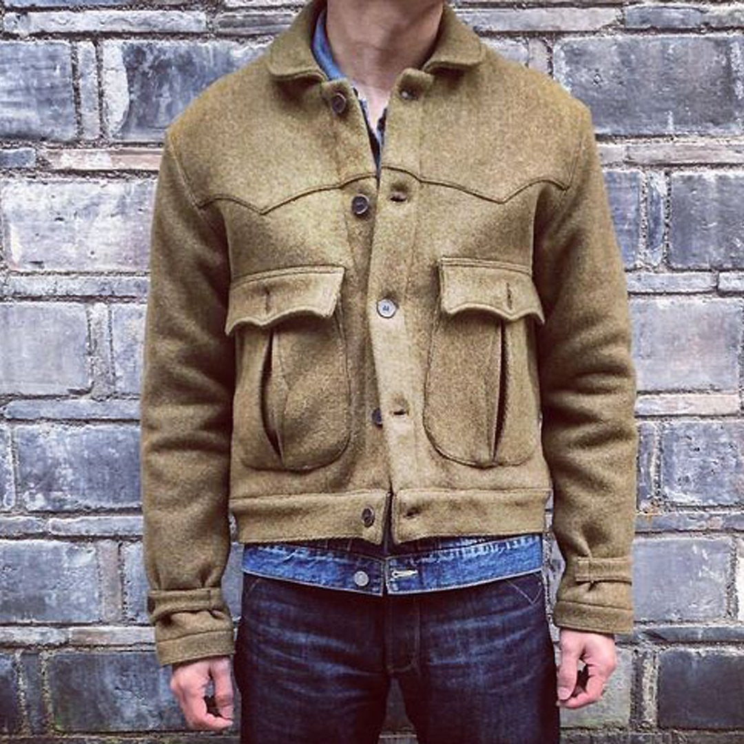 Men's Vintage Solid Color Woolen Large Pocket Lapel Jacket 84258804Y