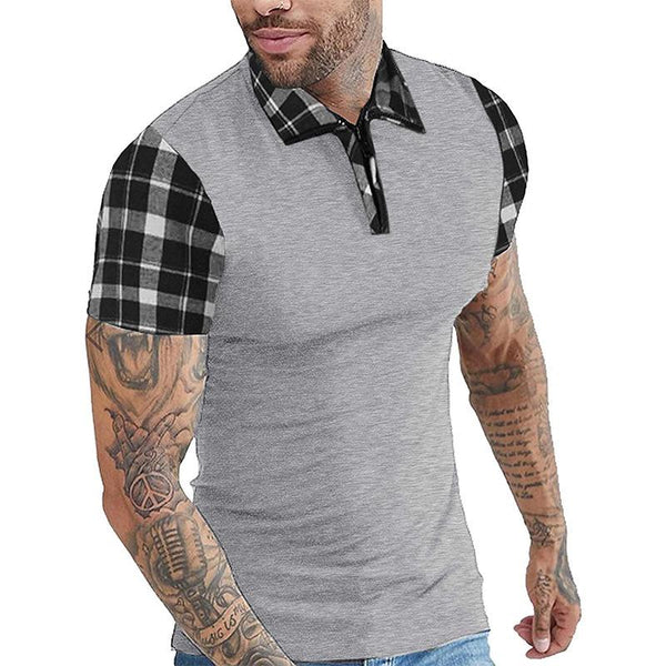 Men's Casual Patchwork Plaid Lapel Short-Sleeved Polo Shirt 77588367M