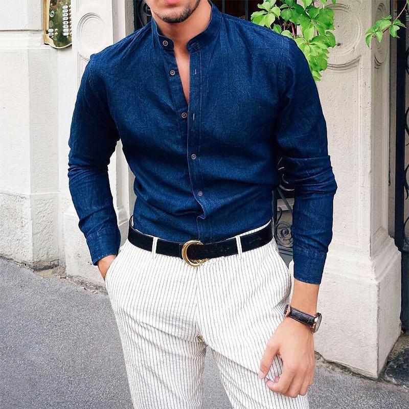 Einfarbiges Langarmhemd mit Stehkragen und Button-Down-Kragen für Herren 71057039X