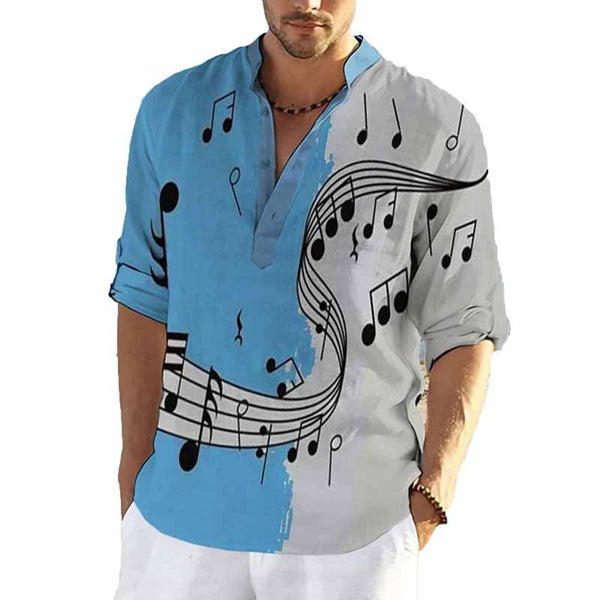 Men's Hawaiian Stand Collar Long Sleeve Shirt Musical Note Print Beach Shirt 30163278X